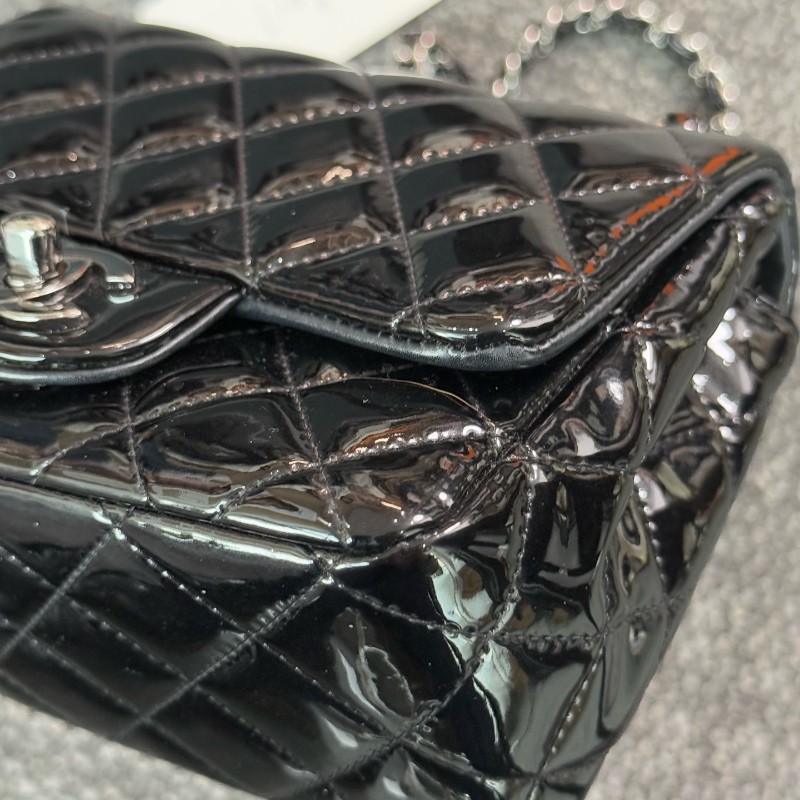 Chanel 香奈兒 黑銀漆皮方胖子肩背包斜背包-14