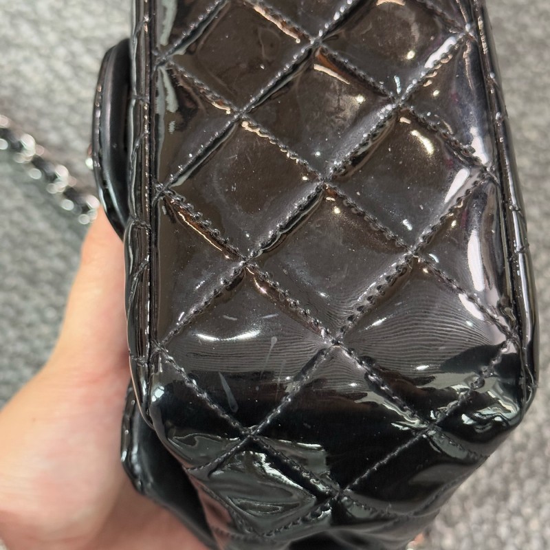 Chanel 香奈兒 黑銀漆皮方胖子肩背包斜背包-16