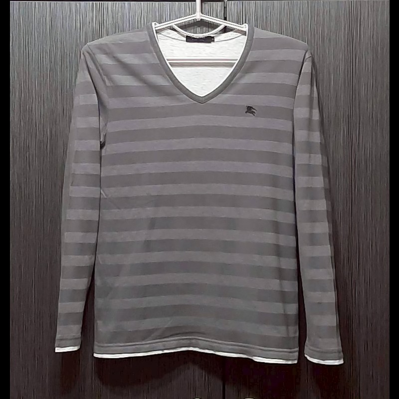 絕版BURBERRY 博柏利 BLACK LABEL 黑標 戰馬 男條紋假兩件長袖T恤2號-0