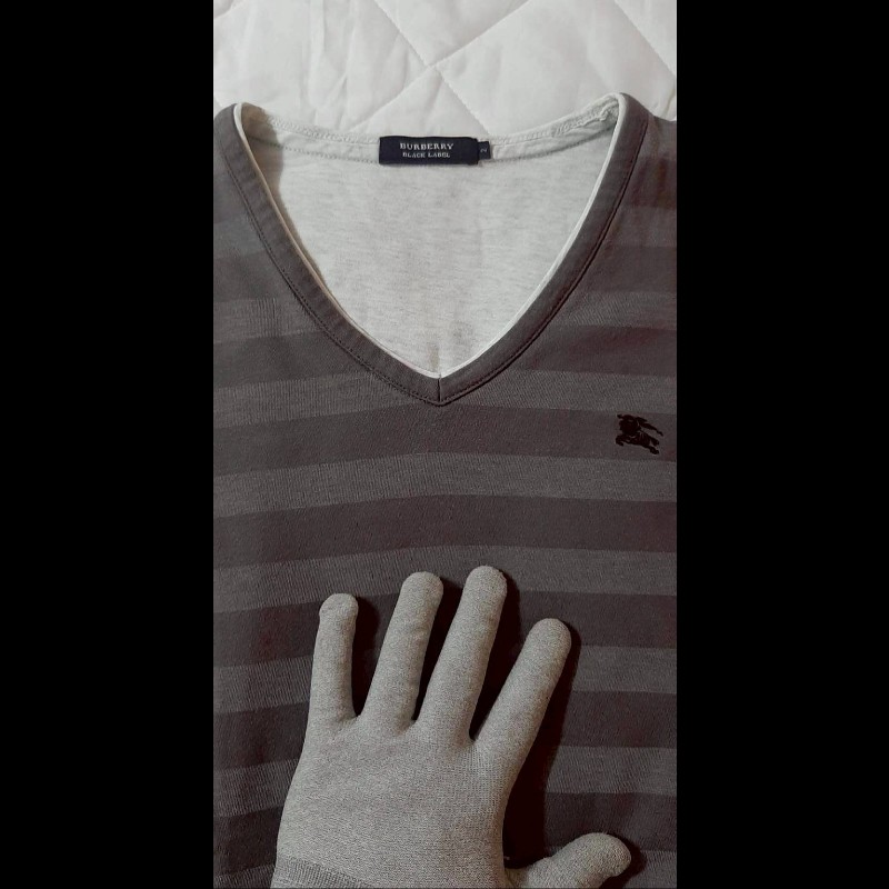 絕版BURBERRY 博柏利 BLACK LABEL 黑標 戰馬 男條紋假兩件長袖T恤2號-2