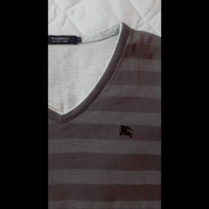 絕版BURBERRY 博柏利 BLACK LABEL 黑標 戰馬 男條紋假兩件長袖T恤2號-4