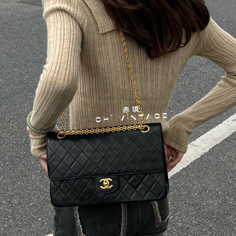 Chanel • Cf 經典黑金羊皮口蓋包 2.55鏈條 無卡標時期 盒裝防塵✔️-0
