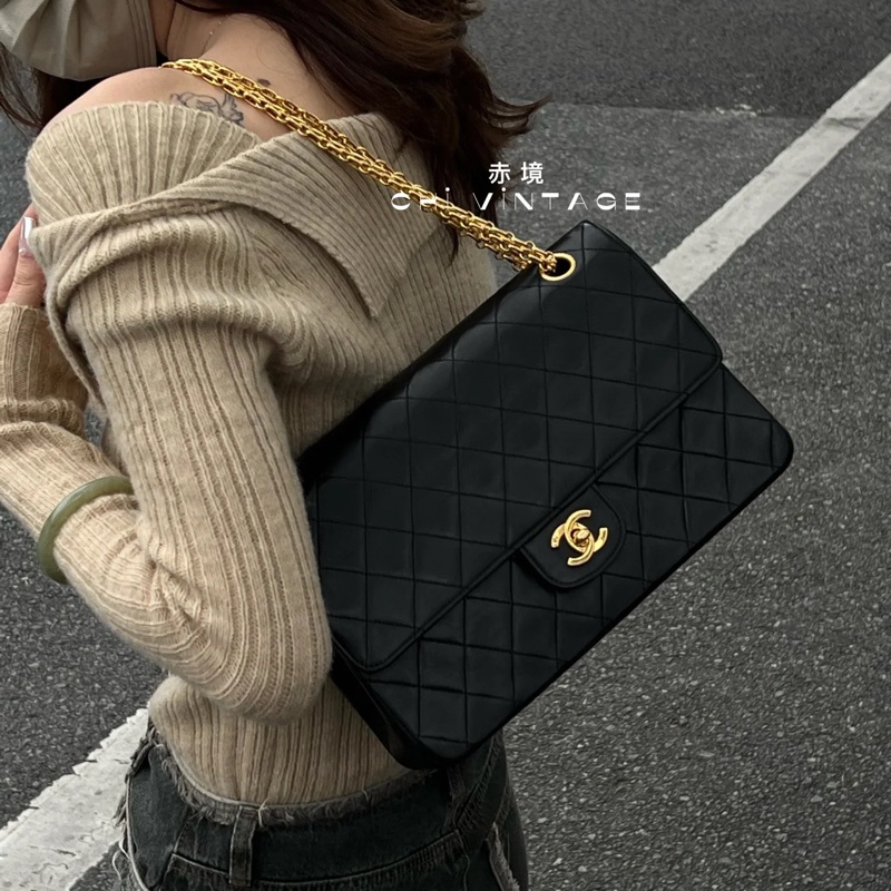 Chanel • Cf 經典黑金羊皮口蓋包 2.55鏈條 無卡標時期 盒裝防塵✔️-1