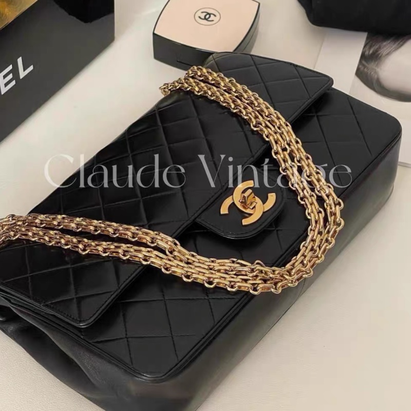 Chanel • Cf 經典黑金羊皮口蓋包 2.55鏈條 無卡標時期 盒裝防塵✔️-5