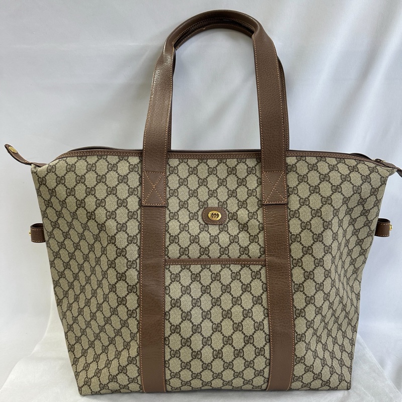 Gucci 降價 閒置 出清 Gucci 經典 GG LOGO 旅行袋40cm 棕色 帆布 拼皮 大容量 行李包 手提包 登機包 精品二手-0
