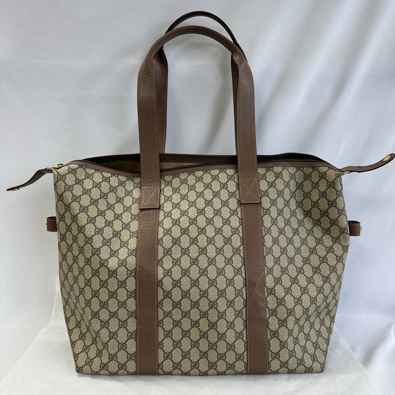 Gucci 降價 閒置 出清 Gucci 經典 GG LOGO 旅行袋40cm 棕色 帆布 拼皮 大容量 行李包 手提包 登機包 精品二手-1