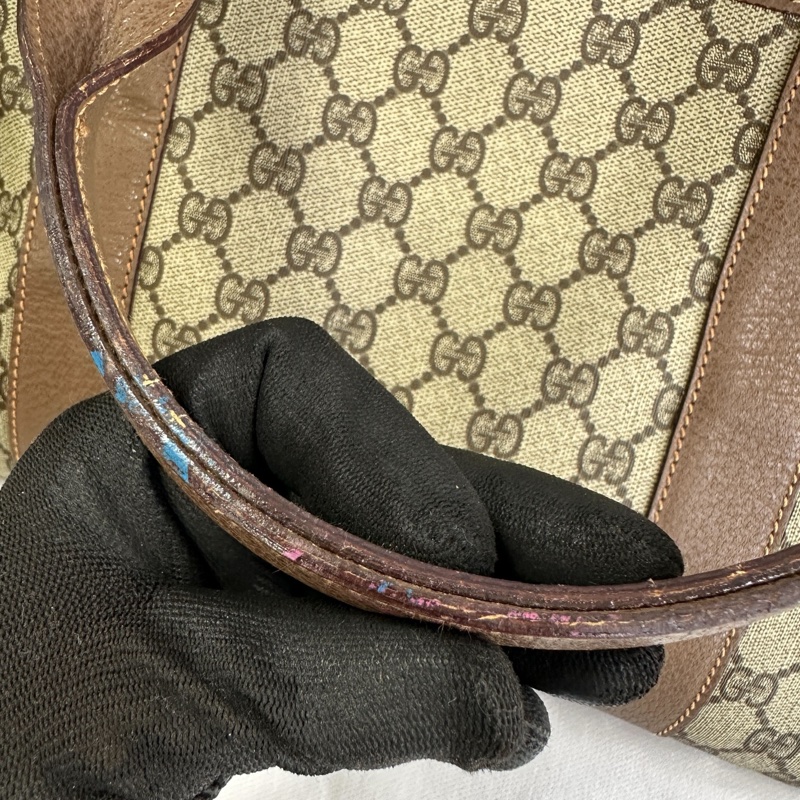 Gucci 降價 閒置 出清 Gucci 經典 GG LOGO 旅行袋40cm 棕色 帆布 拼皮 大容量 行李包 手提包 登機包 精品二手-7