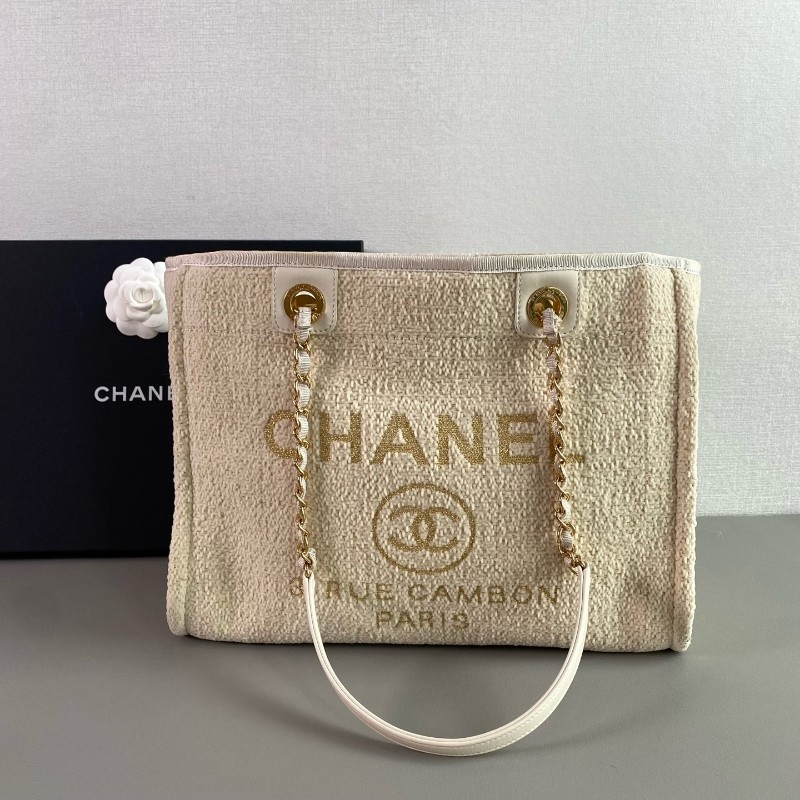 Chanel 米白金絲logo沙灘包肩背包tote-0
