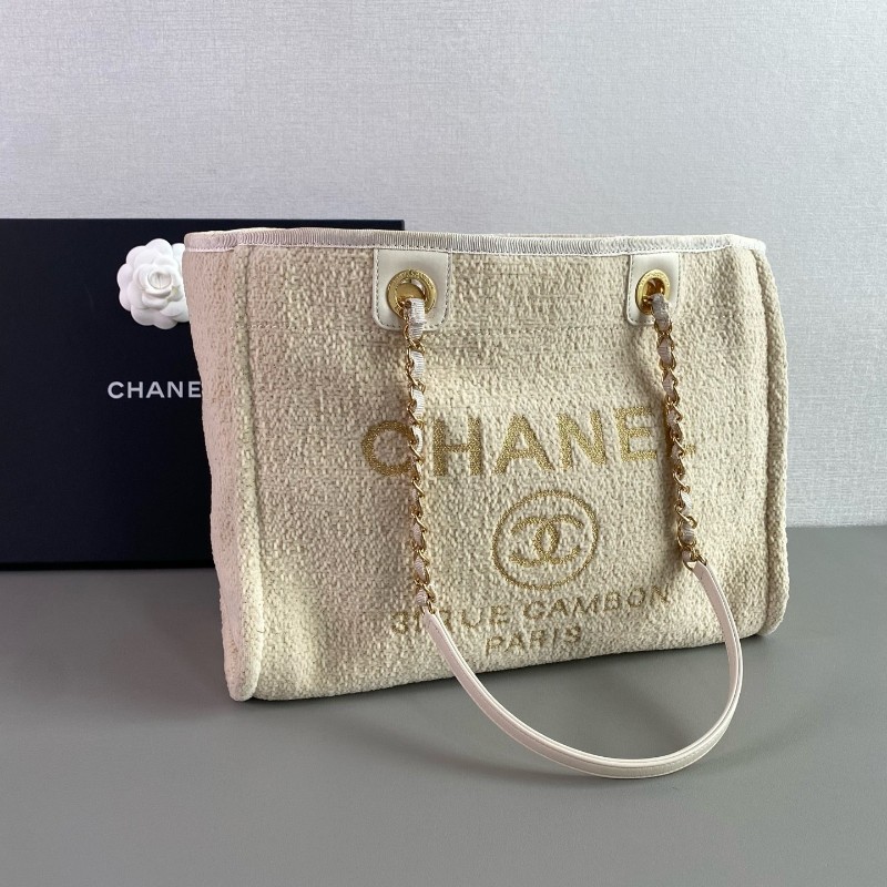 Chanel 米白金絲logo沙灘包肩背包tote-1