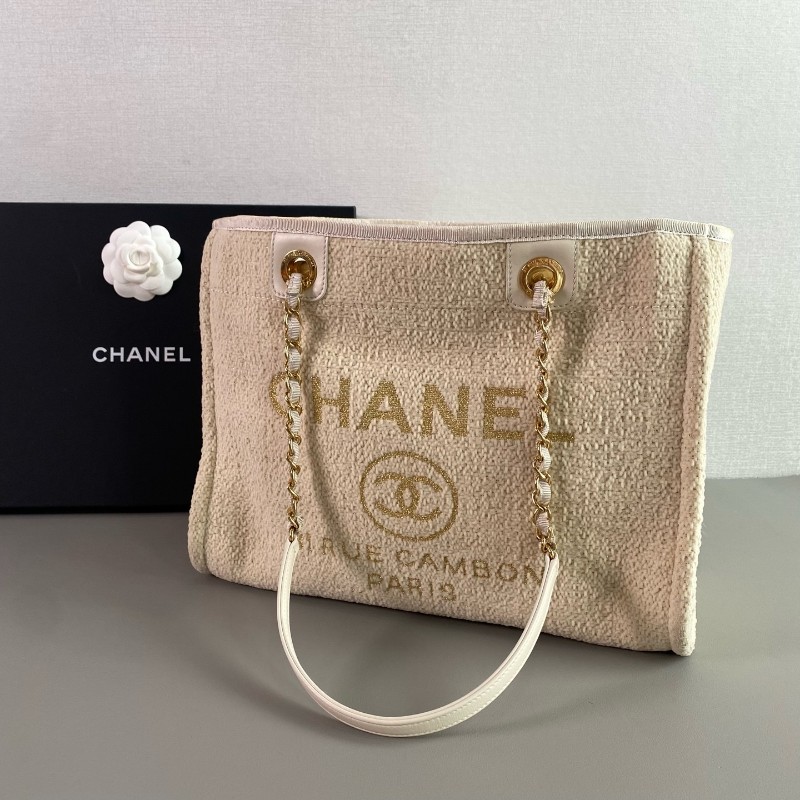 Chanel 米白金絲logo沙灘包肩背包tote-2