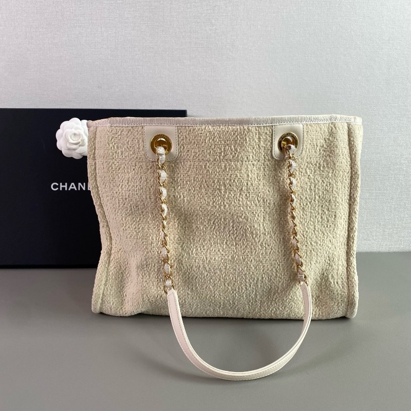 Chanel 米白金絲logo沙灘包肩背包tote-3