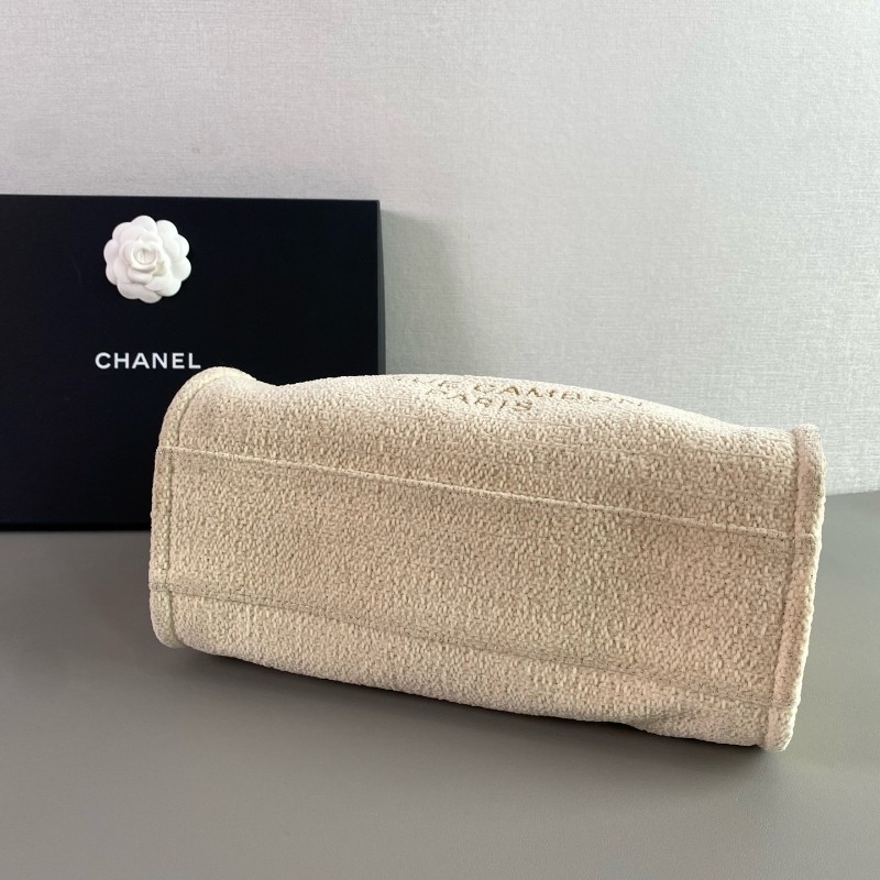 Chanel 米白金絲logo沙灘包肩背包tote-5