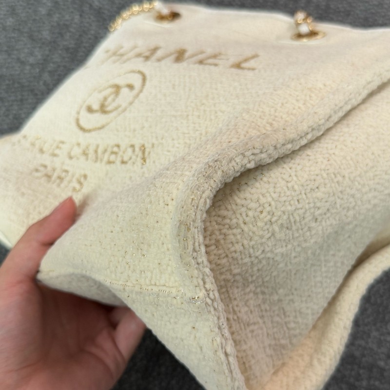 Chanel 米白金絲logo沙灘包肩背包tote-16