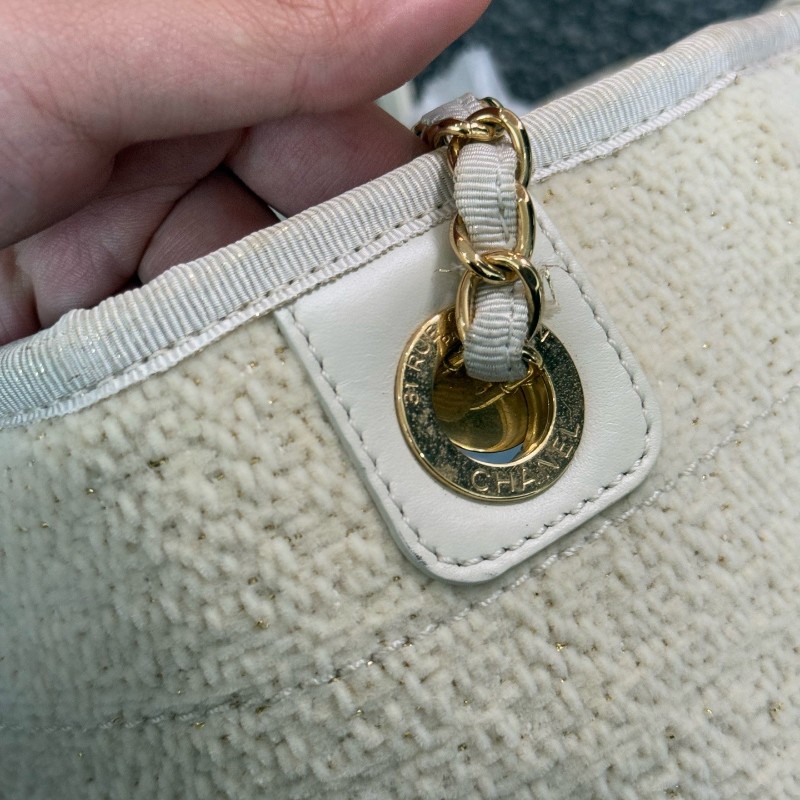 Chanel 米白金絲logo沙灘包肩背包tote-18