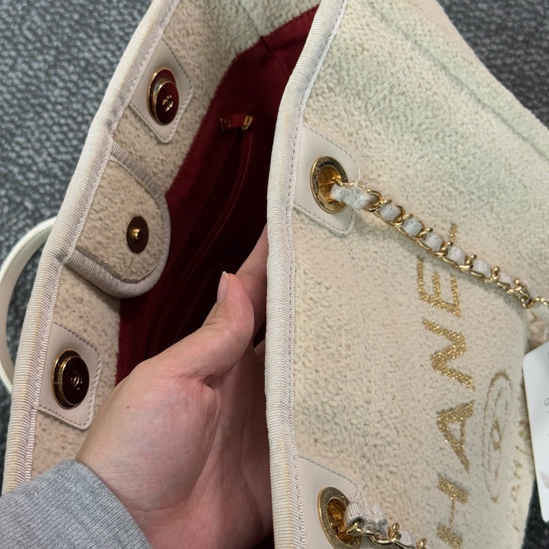 Chanel 米白金絲logo沙灘包肩背包tote-19