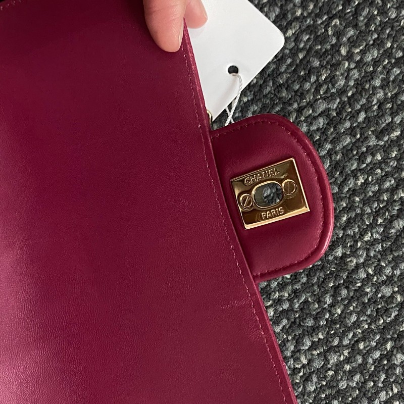 Chanel 紫紅色金扣V紋羊皮cf大mini 肩背包斜背包-20