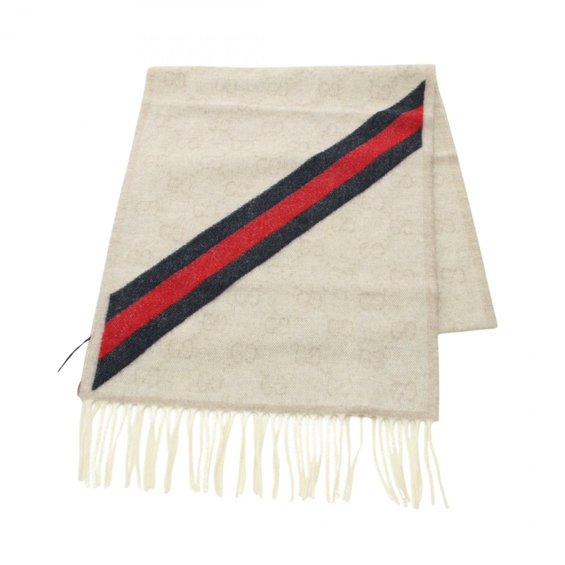 GUCCI GG圖案圍巾 5706033G2009568 羊毛 米色 海軍藍 紅色 全新 男女通用-0