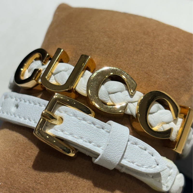 古馳 GUCCI 皮革手環 標誌手環 雙層 雙排 白色-9