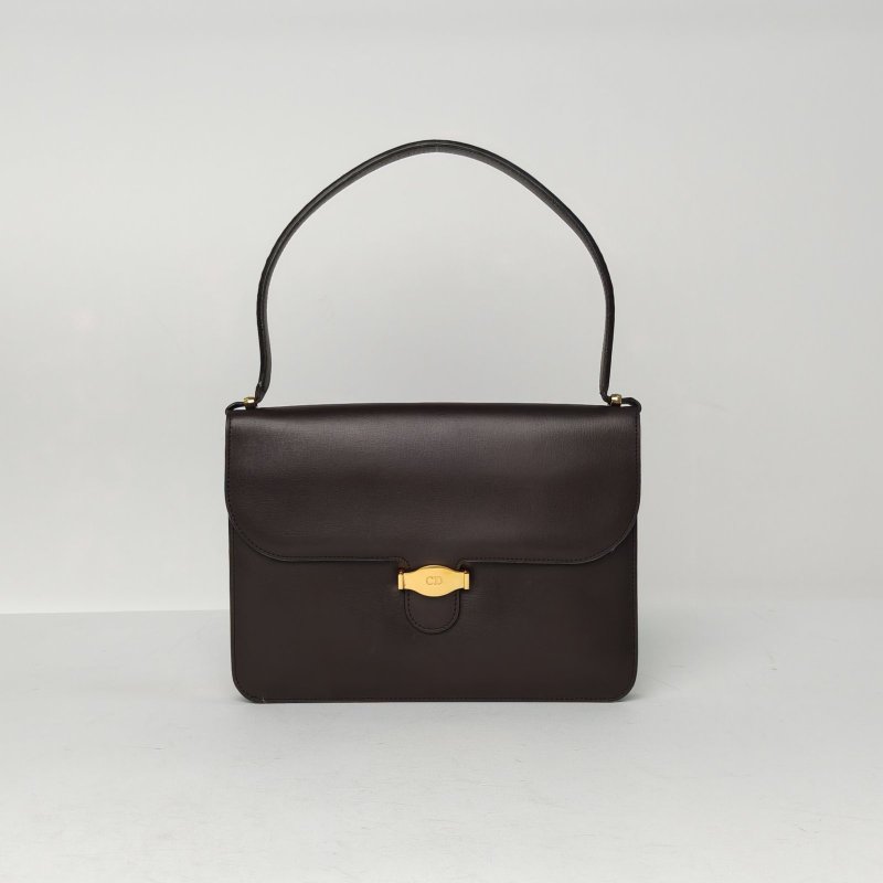 DIOR 深巧克力色牛皮金扣中古腋下包肩背包-0