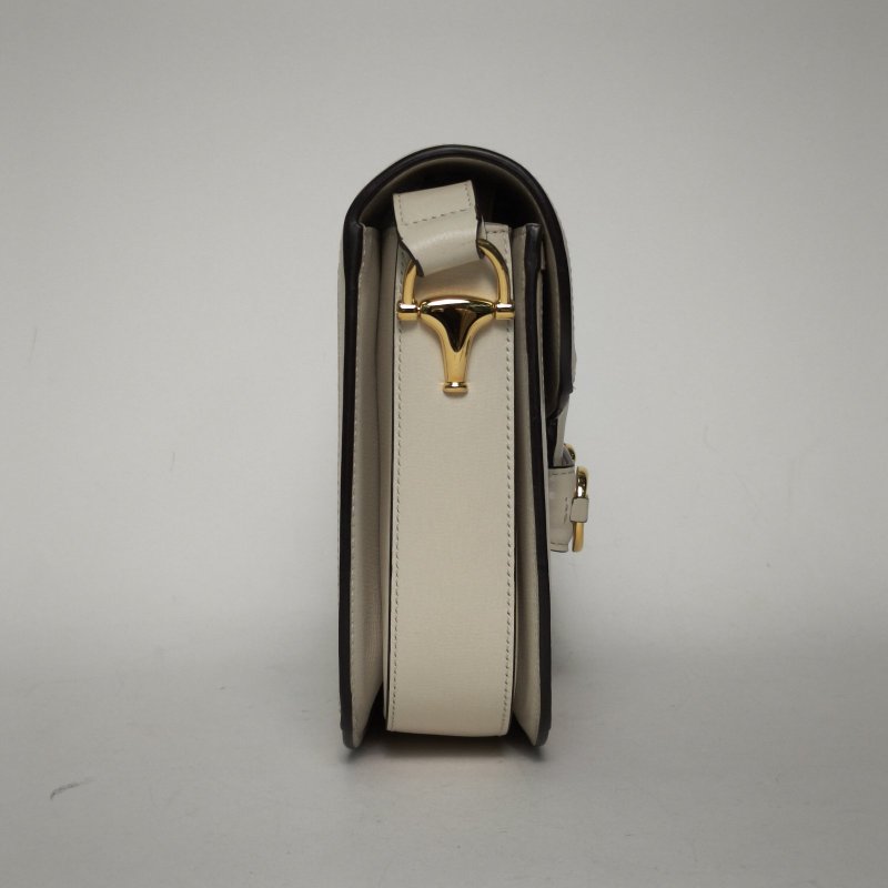 GUCCI Horsebit馬銜扣1955馬鞍包小號25白色帆布金扣肩背包-1
