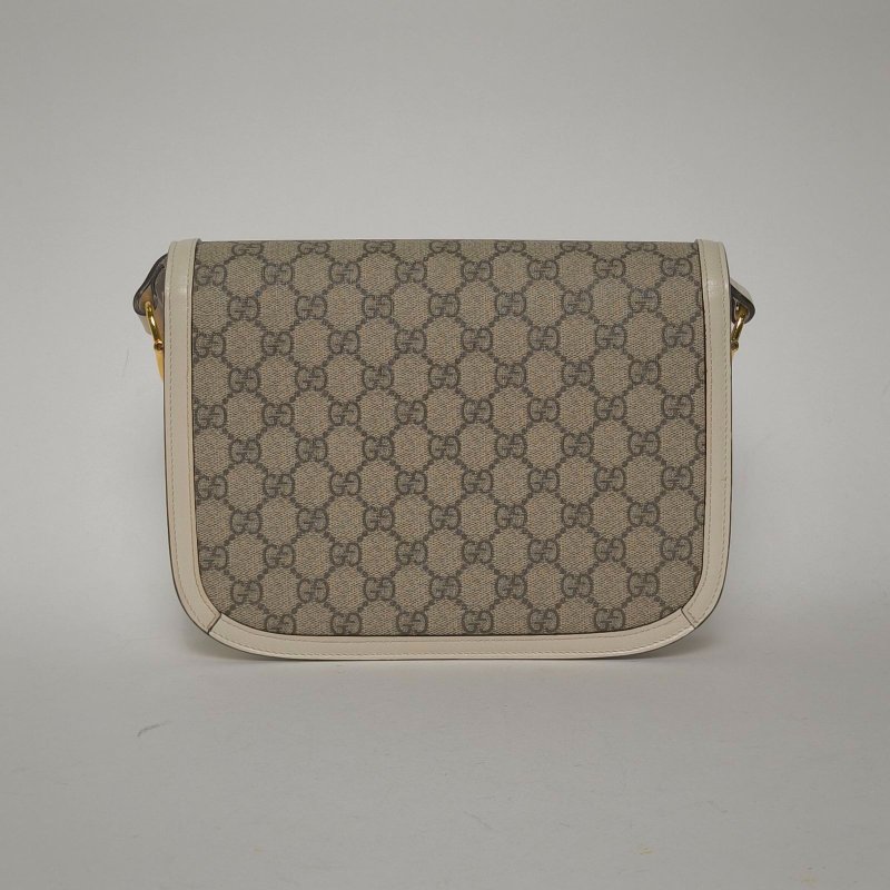 GUCCI Horsebit馬銜扣1955馬鞍包小號25白色帆布金扣肩背包-2