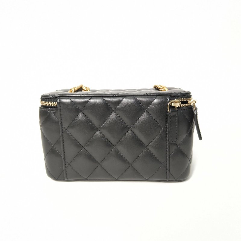 CHANEL 22K長盒子化妝包無鏡子17黑色羊皮鐳射標金扣金柱調節扣鏈條肩背包-2