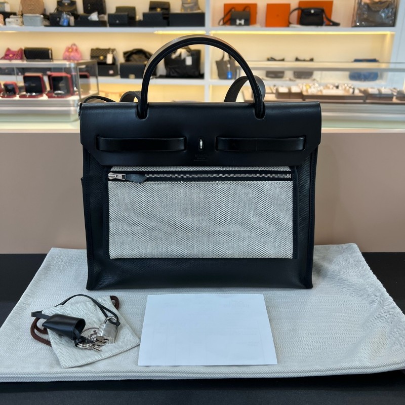 Hermes herbag 31黑白防水布拼色銀釦-1