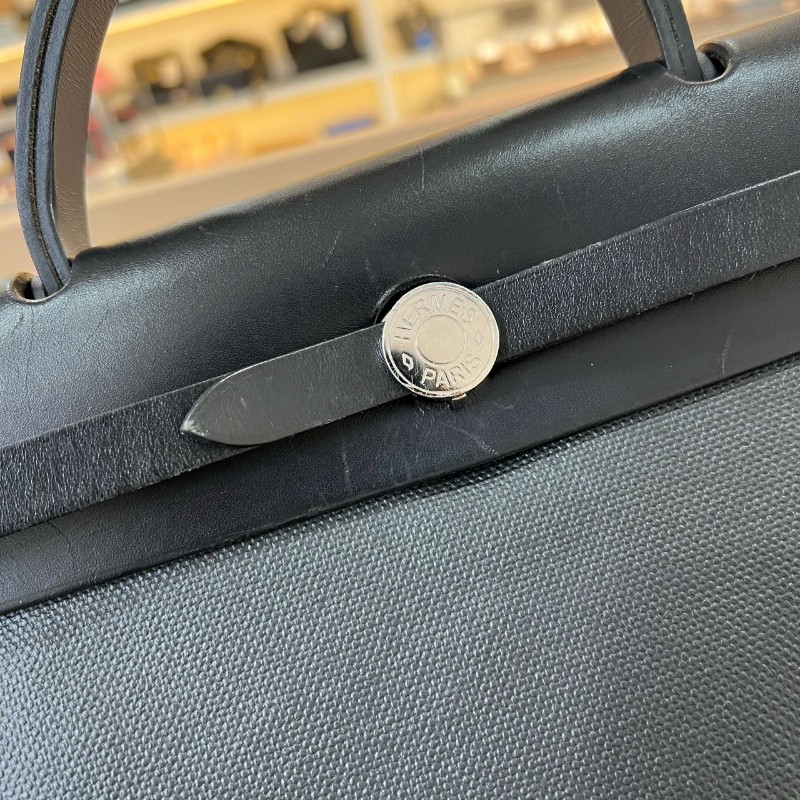 Hermes herbag 31黑白防水布拼色銀釦-8