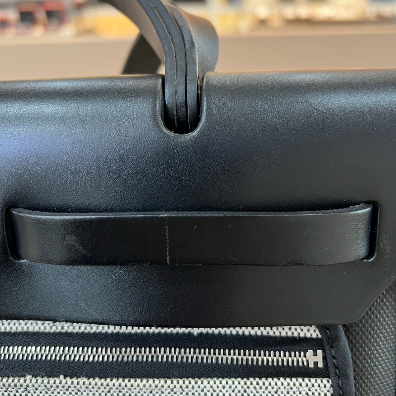 Hermes herbag 31黑白防水布拼色銀釦-9