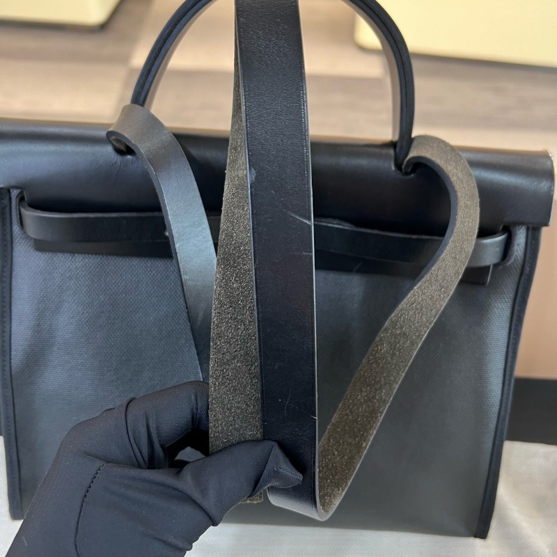 Hermes herbag 31黑白防水布拼色銀釦-15