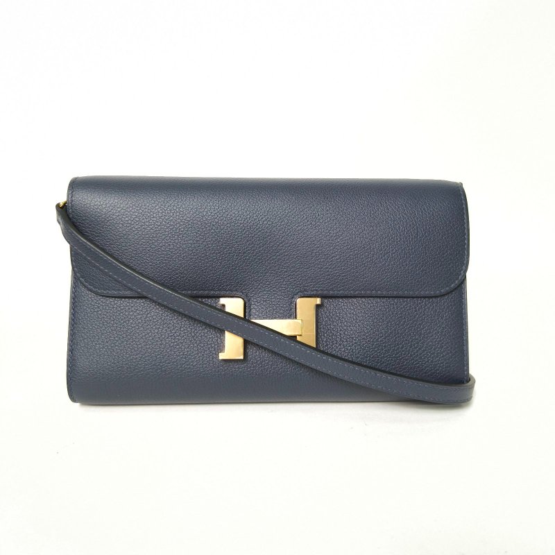 HERMES Constance康康LONGTOGO肩帶長款錢包2Z午夜藍EC皮Y刻金扣肩背包-0