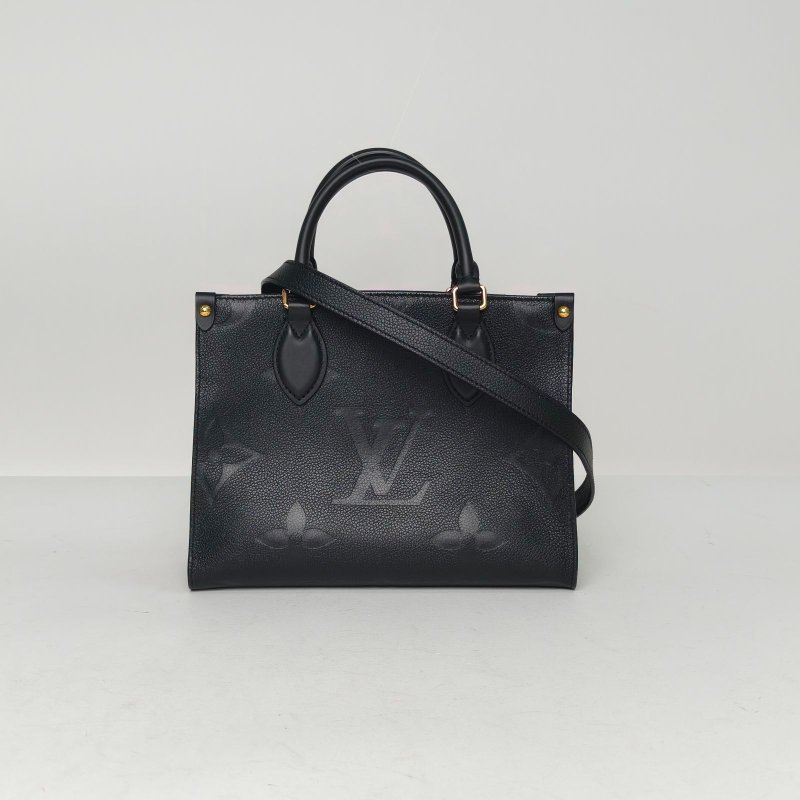 LOUIS VUITTON Onthego小號25黑色牛皮金扣晶片老花壓紋肩背包-0