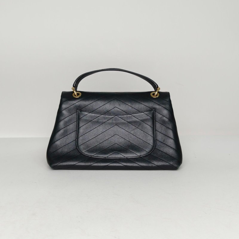 CHANEL 黑色牛皮25開金扣CF季節款V紋帶手柄手提口蓋包肩背包-2