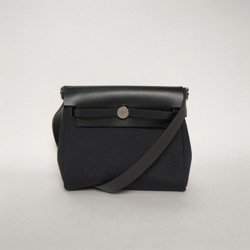 HERMES HerbagZip20帆布拼牛皮89黑色帆布/Hunter牛皮W刻銀扣肩背包-0