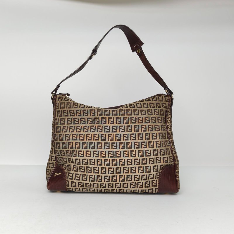 FENDI 中古小胖丁淺咖色帆布淺金扣單肩包肩背包-2