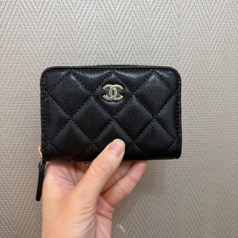 Chanel 黑荔枝皮金釦內4層有零錢袋拉鏈零錢包-0