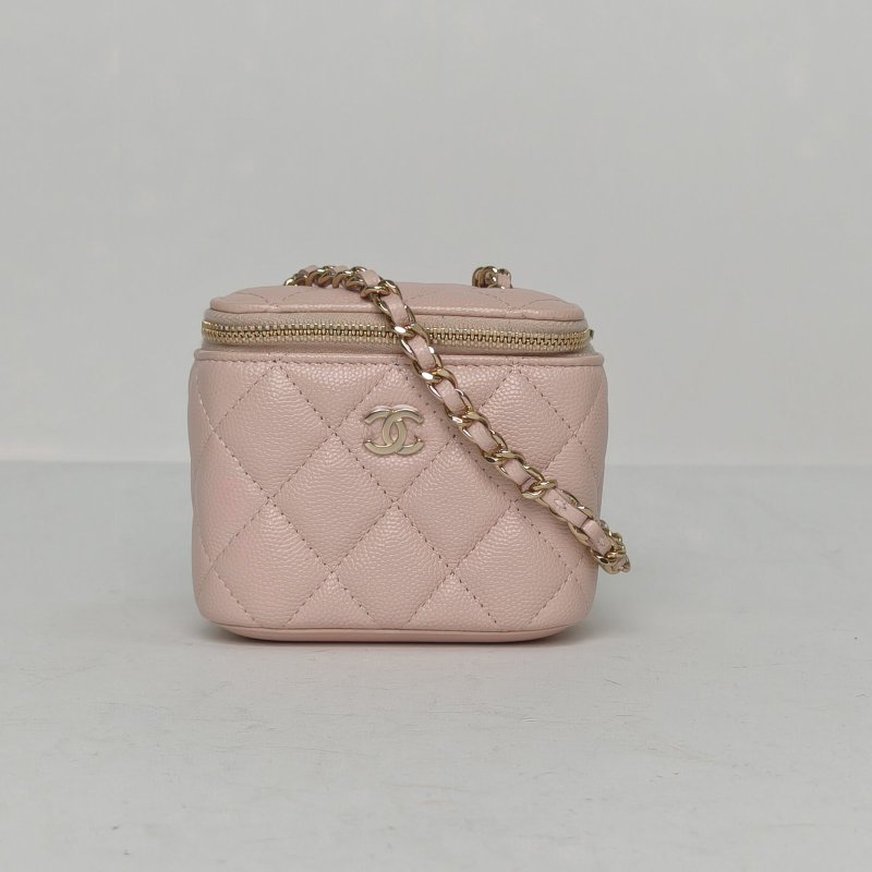 CHANEL 經典款方盒子化妝包無鏡子11裸粉色牛皮30開金扣單皮穿鏈肩帶肩背包-0