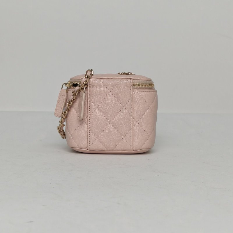 CHANEL 經典款方盒子化妝包無鏡子11裸粉色牛皮30開金扣單皮穿鏈肩帶肩背包-2
