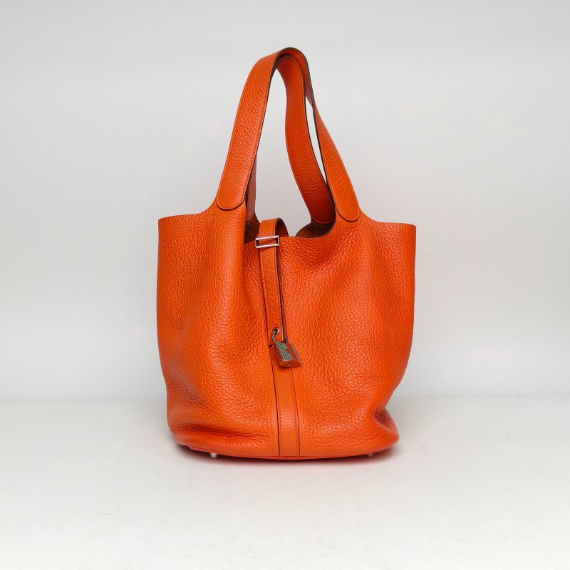 HERMES Picotin26菜籃子93愛馬仕橙TC皮T刻銀扣肩背包-0