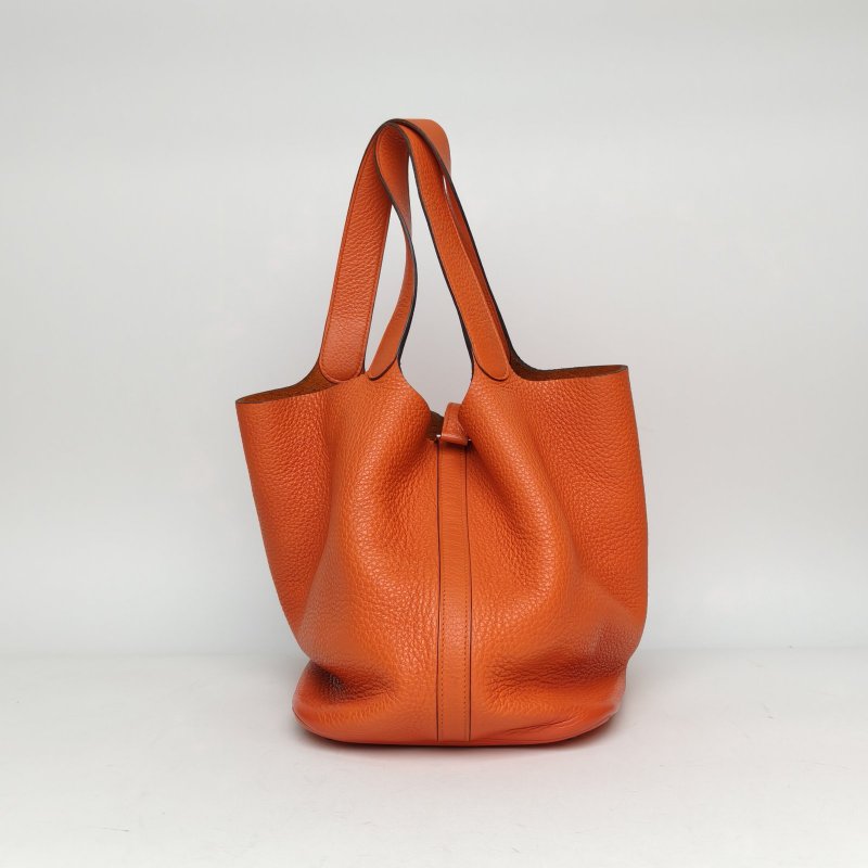 HERMES Picotin26菜籃子93愛馬仕橙TC皮T刻銀扣肩背包-2