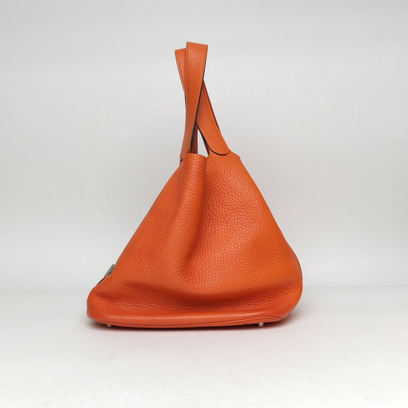 HERMES Picotin26菜籃子93愛馬仕橙TC皮T刻銀扣肩背包-3