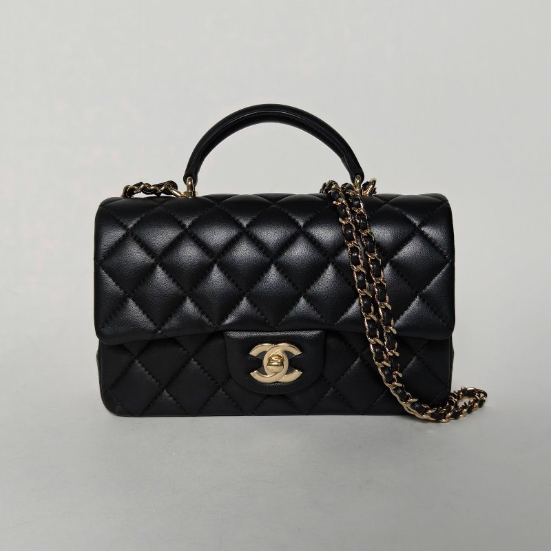 CHANEL CF口蓋包手柄大Mini20黑色羊皮晶片開淺金扣肩背包-0