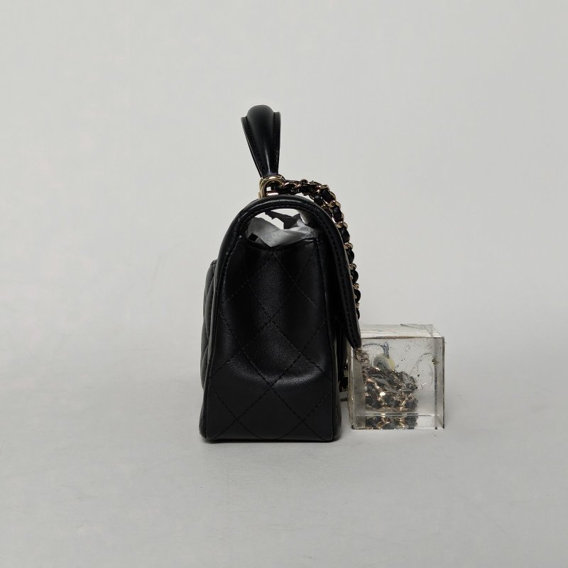 CHANEL CF口蓋包手柄大Mini20黑色羊皮晶片開淺金扣肩背包-1
