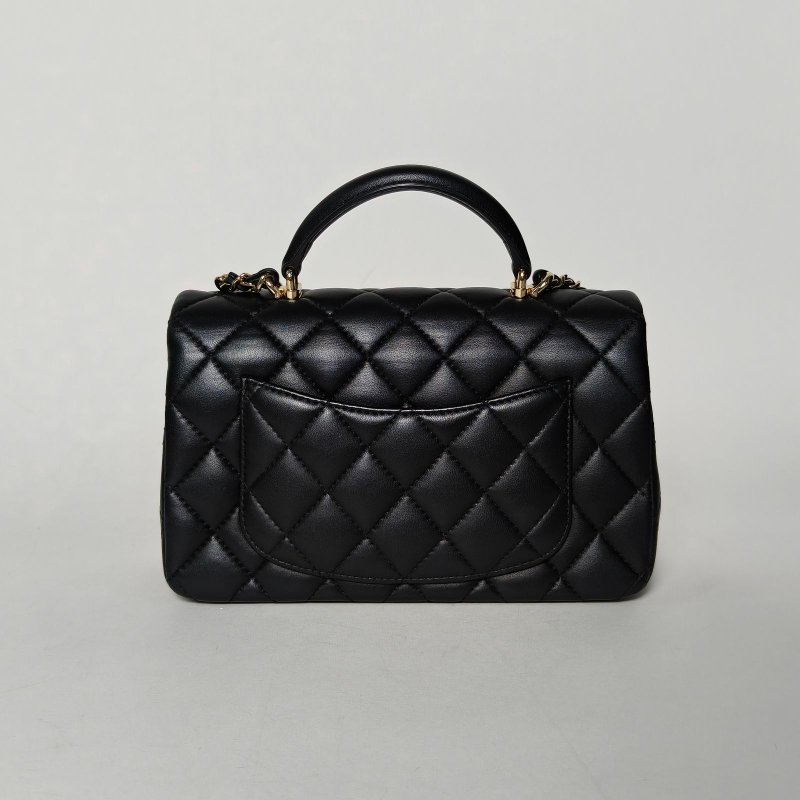 CHANEL CF口蓋包手柄大Mini20黑色羊皮晶片開淺金扣肩背包-2