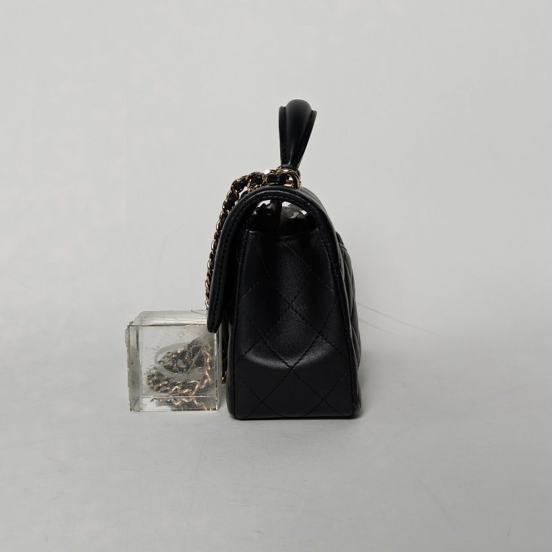 CHANEL CF口蓋包手柄大Mini20黑色羊皮晶片開淺金扣肩背包-3