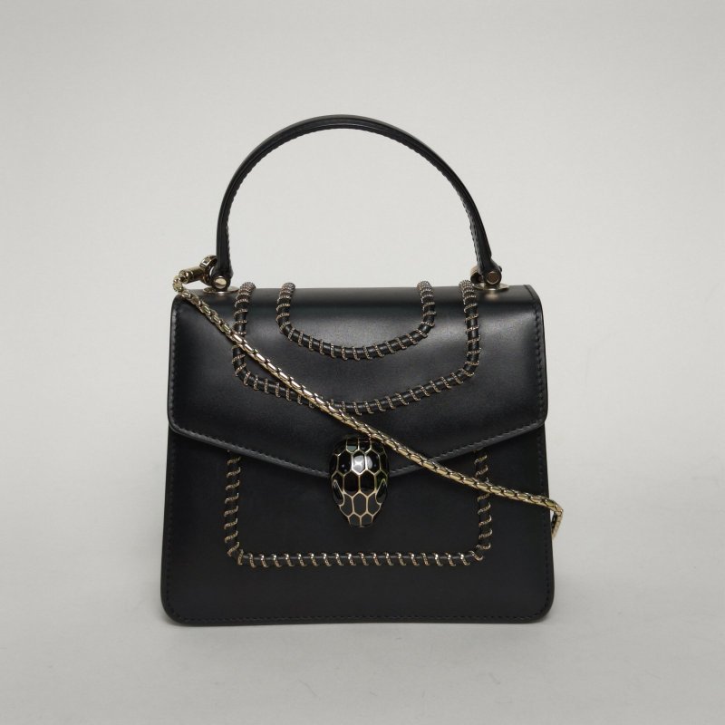 BVLGARI SerpentiForever風琴蛇頭包小號手柄18黑色牛皮肩背包-0