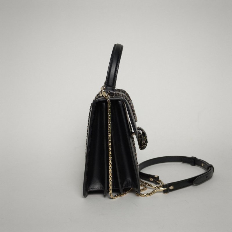 BVLGARI SerpentiForever風琴蛇頭包小號手柄18黑色牛皮肩背包-3