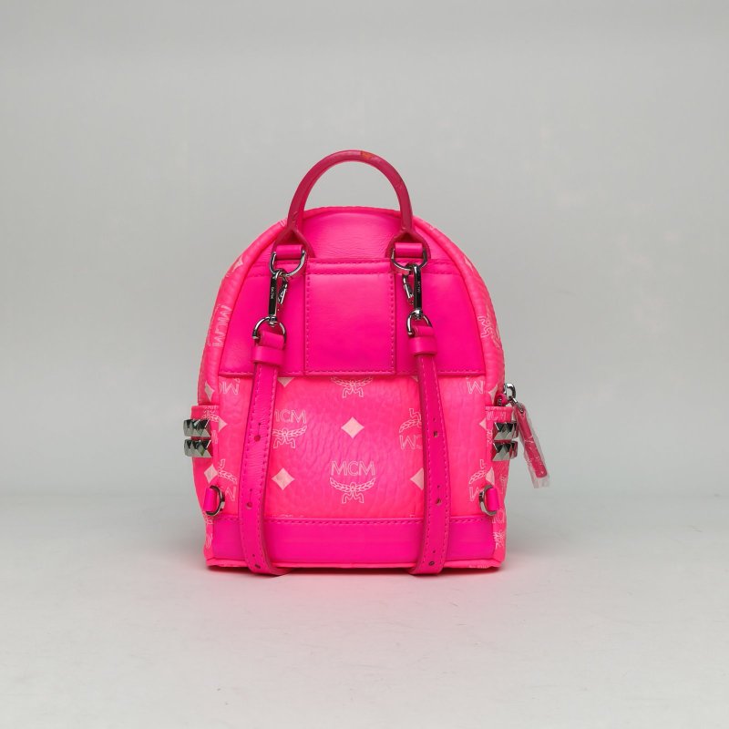 MCM 側邊鉚釘雙肩包超MINI玫紅牛皮肩背包-2