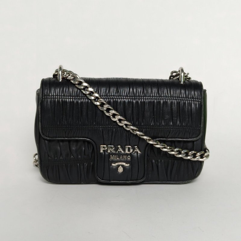 PRADA 黑色羊皮褶皺單肩包鏈條包肩背包-0