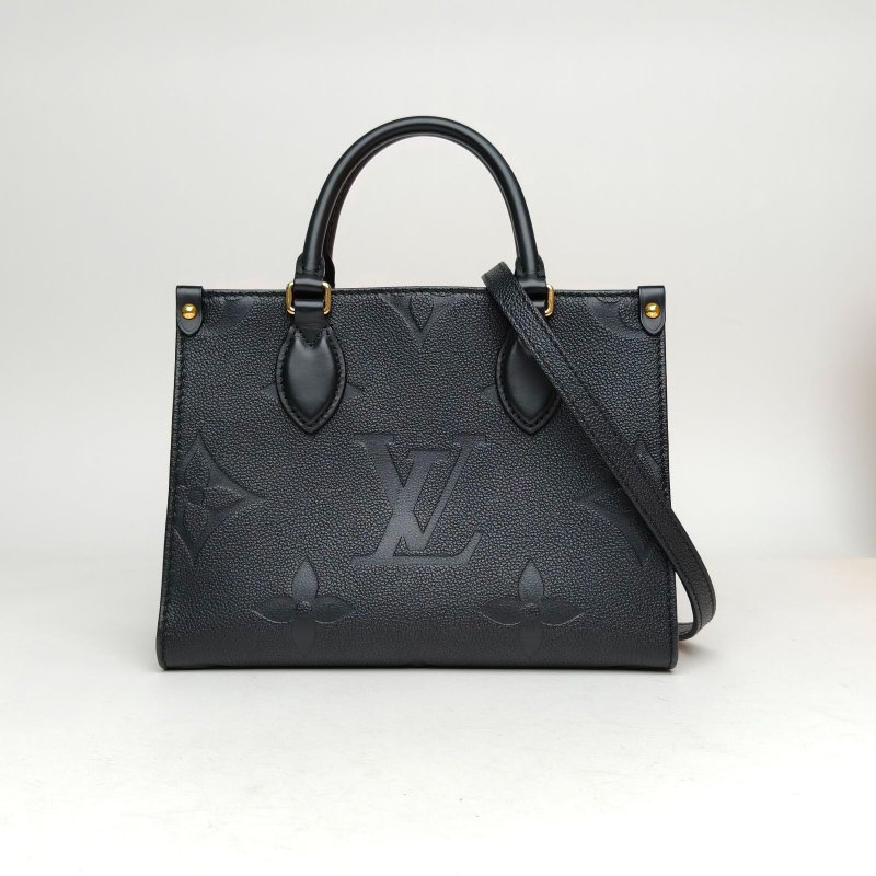 LOUIS VUITTON Onthego小號25黑色牛皮金扣晶片老花壓紋肩背包-0